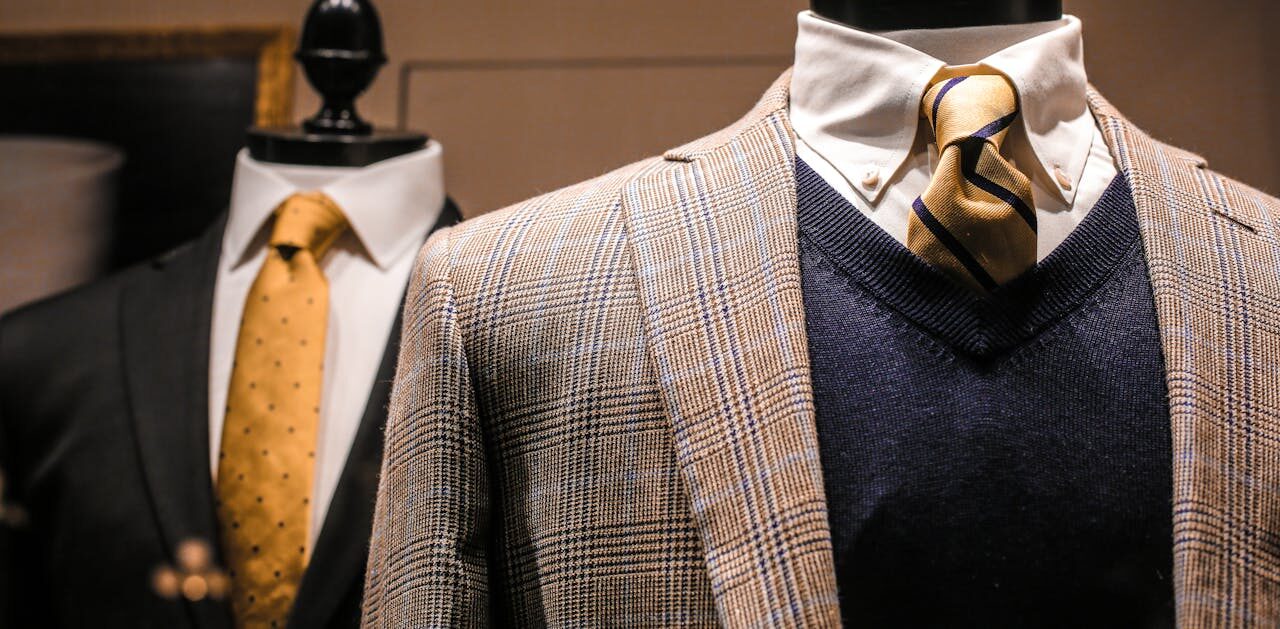 Dandy fancy jackets with shiny ties on dummies in showroom of contemporary male shop