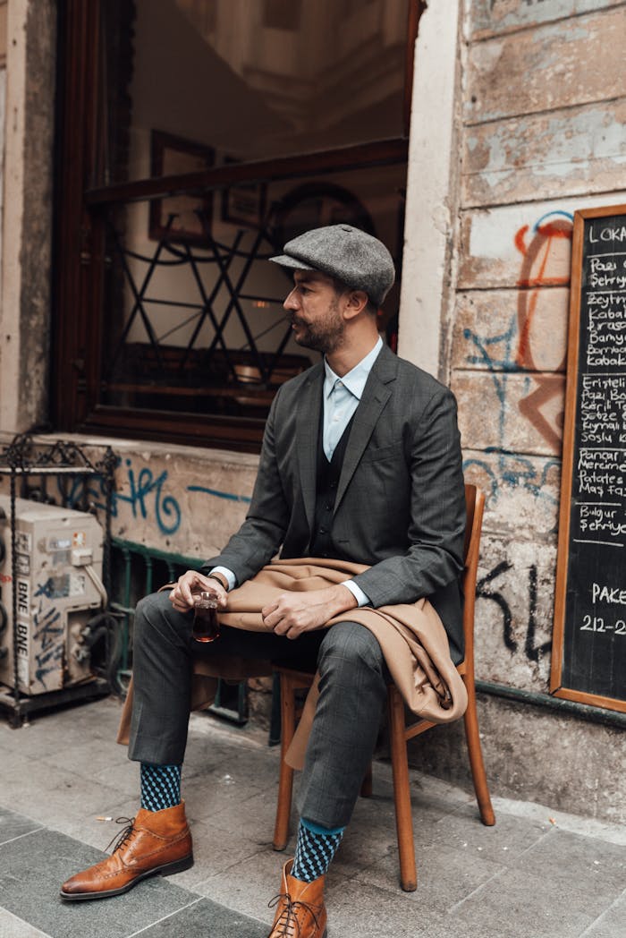 Serious male hipster in trendy outfit holding glass of tea while sitting on chair on street